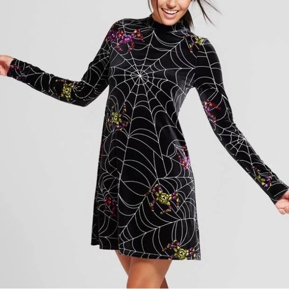 Xhilaration Women’s Black Velvet Spider Web Halloween fit & Flare Dress size xs - Picture 1 of 8